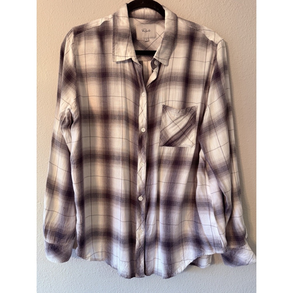 Rails‎ Shirt Plaid White Gray Rayon Womens Blouse Size Large Lightweight